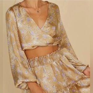 Blue Blush Satin Long-Sleeve Skirt Set in Gold with Purple Flowers